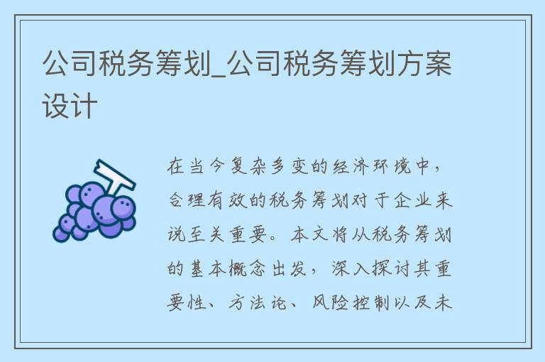 公司税务筹划_公司税务筹划方案设计